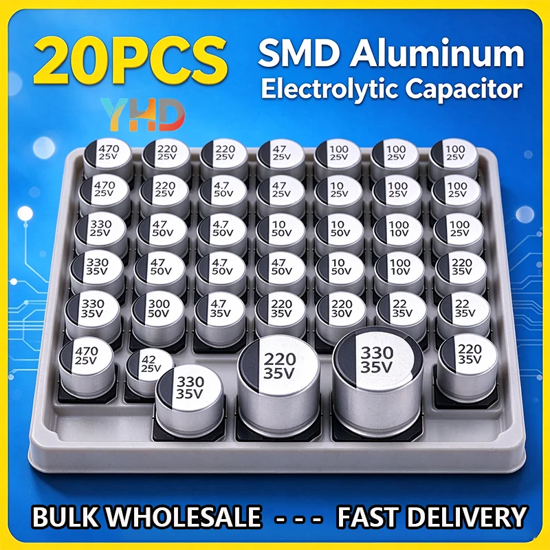20PCS SMD Electrolytic Capacitor 6.3v 10v 16v 25v 35V 50V 0.1 1 2.2 3.3 4.7UF 10UF 22UF 33UF 47UF100UF 220UF 330UF 470UF 1000UF