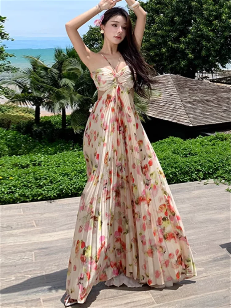 

Summer Holiday Boho Floral Print Pleated Long Holiday Dress Sexy Backless Hollow Women Halter Off Shoulder Beach Fairy Dress