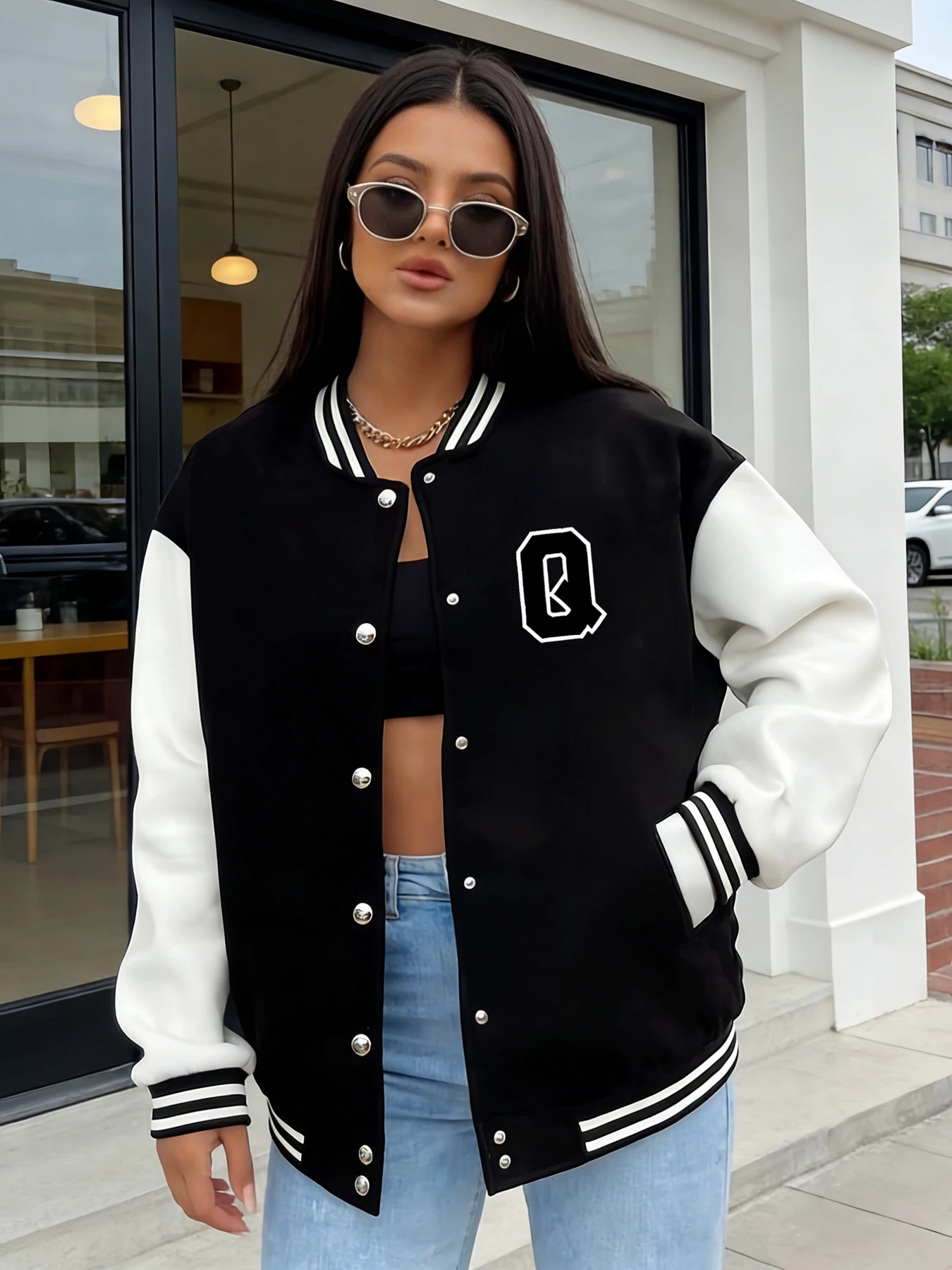 Women Oversized Varsity Jacket Letter Q Print Long Sleeve Button Front Bomber Jacket Casual Streetwear Outerwear Spring Autumn