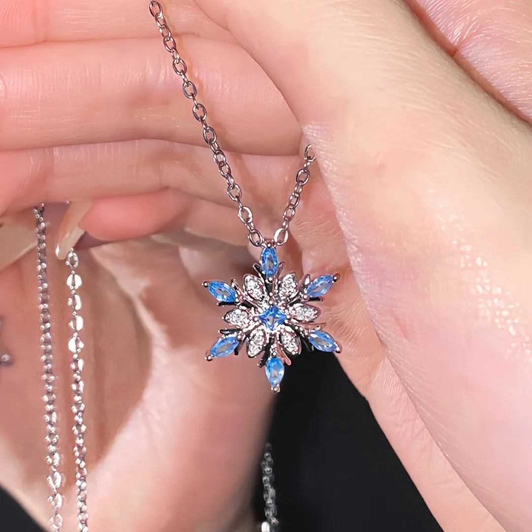 925 Sterling Silver Fashion Light Luxury Necklace for Women with Blue Marquise Inlaid Snowflake, Christmas Ice Jewelry