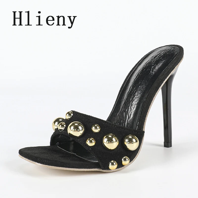 

Hlieny Summer Fashion Metal Ball Rivet Women Slippers Designer Thin High Heels Sandals Stripper Party Slides Shoes Zapatos Mujer