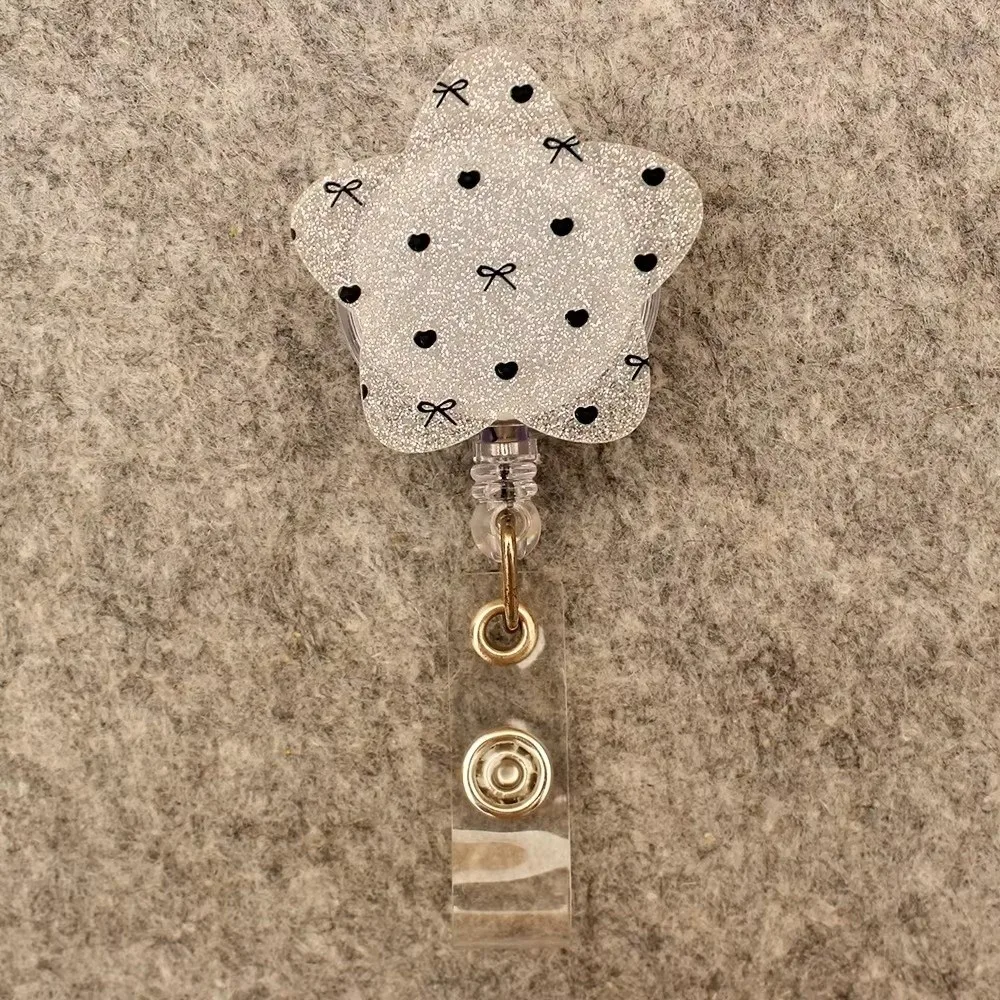 Star Shape Retractable Badge Reel Heart Bow Print Glitter ID Badge Holder Clip Name Card Badge Reel Nurse Doctor Student