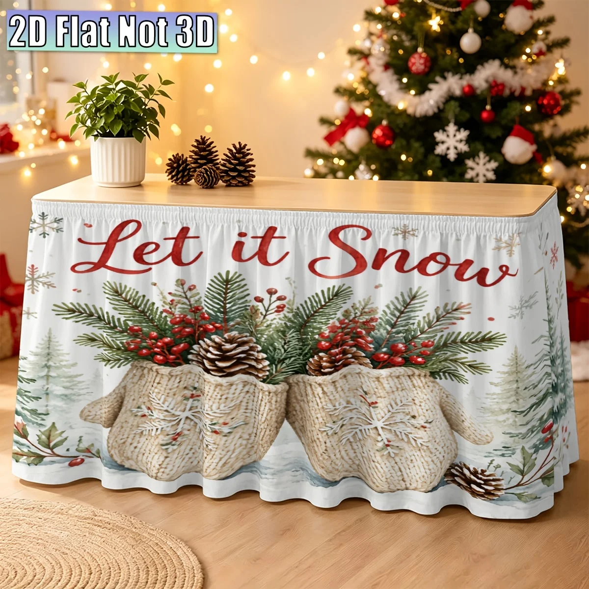 2D flat, JIT, 1pc, Party tablecloth, Snowy gloves Christmas, Theme decoration party table skirt