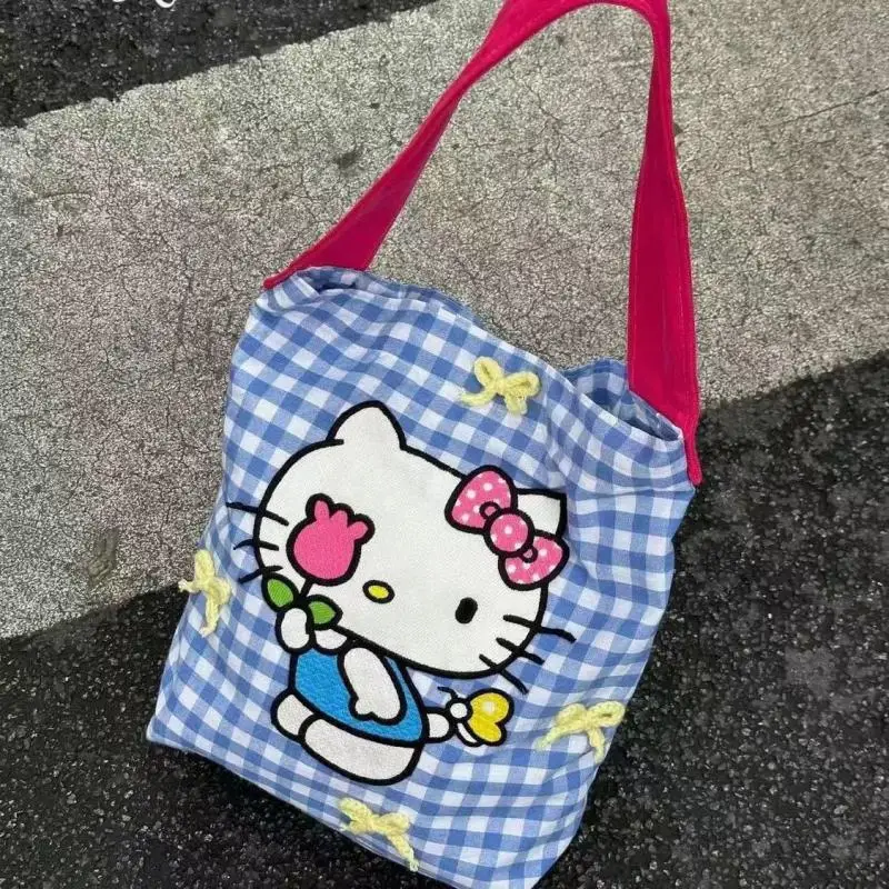 Kawaii Sanrio Hello Kitty torebka Anime urocza kreskówka różowa krata damska przenośna torba pod pachę z płócienną torbą o dużej pojemności