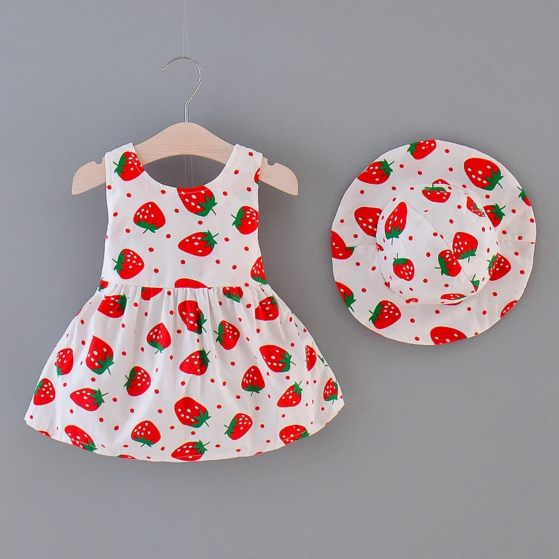 Summer Children\'s Dress Cotton Bow Sleeveless Girl Dress 0-3 Year Old Strawberry Print Baby Dress