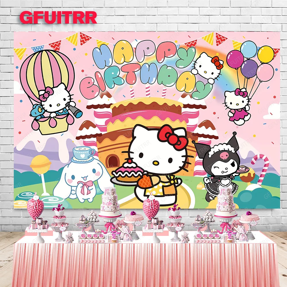 خلفية التصوير الفوتوغرافي Hello Kitty الوردية ، ديكور عربة الكرتون ، مستلزمات كشك الاستوديو ، حفلة عيد الميلاد ، استحمام الطفل ، فتاة