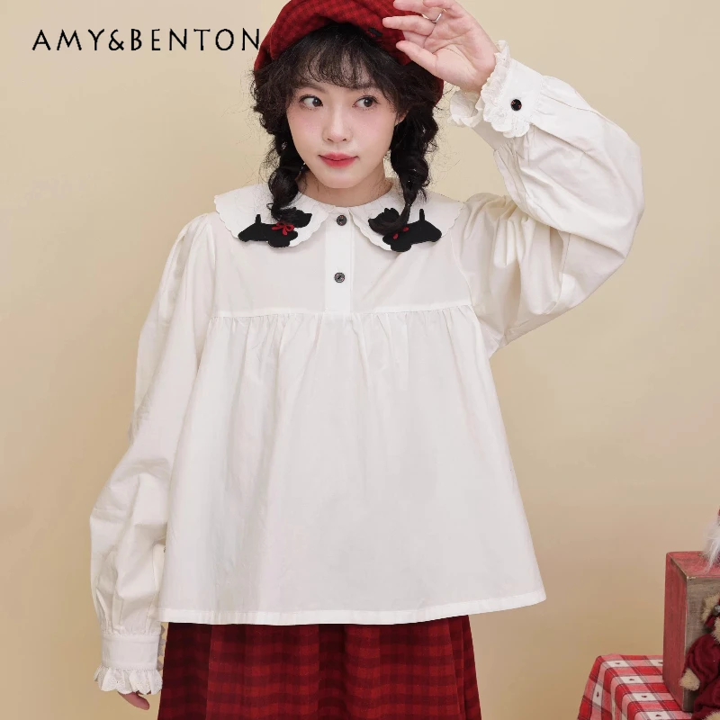 

Original Retro Design Animal Bow 3D Embroidery Women's Shirt 2025 Autumn Winter New White Cute Doll Collar Lace Shirts Ladies