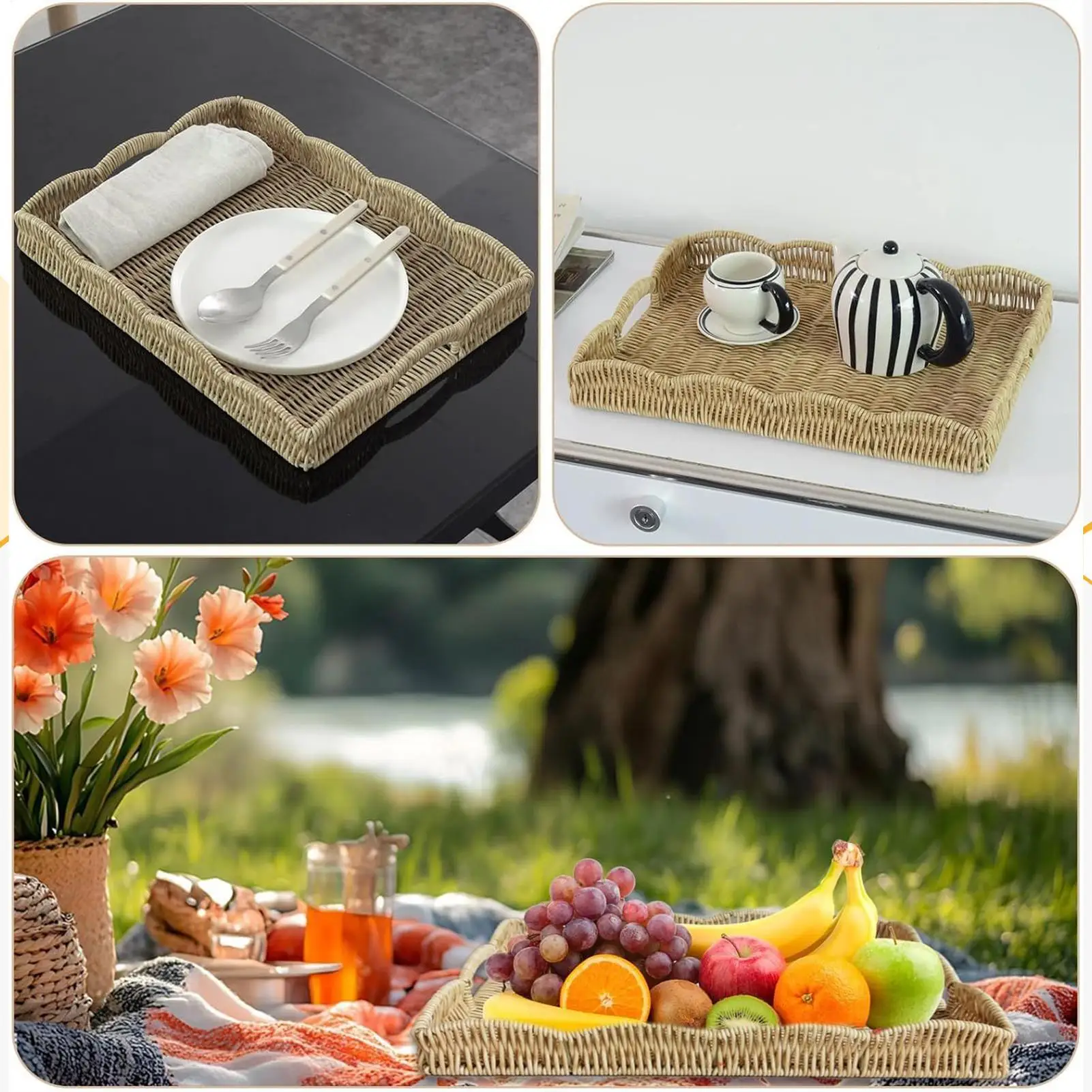 

Тканые подносы для декора, имитация ротанга, украшение для кухни, декоративный поднос, корзина для книги с дистанционным управлением, завтрак, гостиная