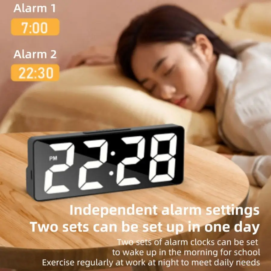 Voice Control Digital Alarm Clock Temperature Date 2 Alarm Snooze Night Mode Table Clock 12/24H USB Plug-in Always On LED Clock