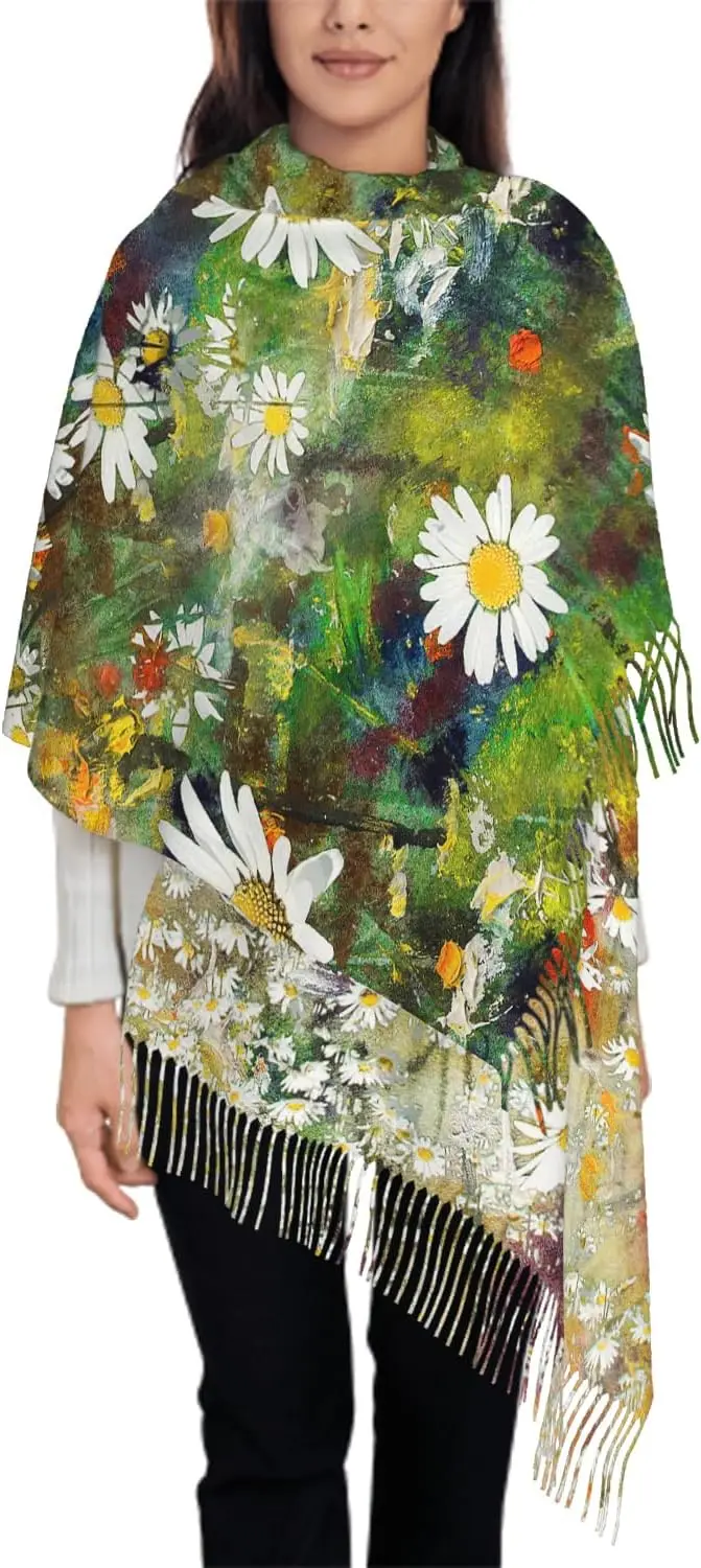 

Зеленый шарф большого размера с маргариткой для женщин, цветочный цветок, фиолетовый цвет чернослив, шарф с кисточками, осенне-зимняя шаль, накидки