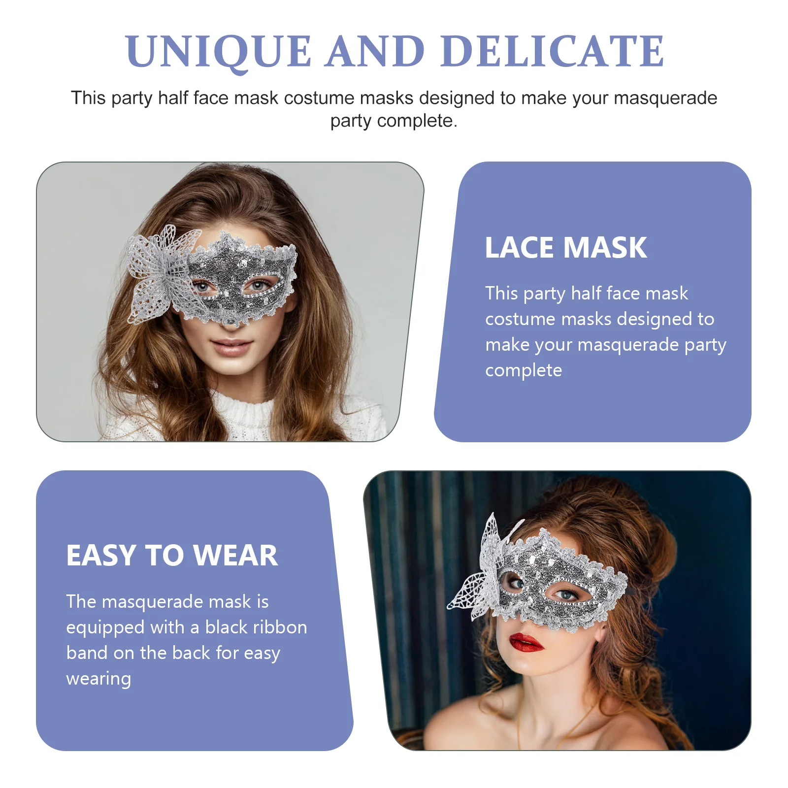 

Half Face Masquerade Mask Lace Plastic Black Ribbon Band Adjustable Fit Party Mask for Women Cosplay Halloween