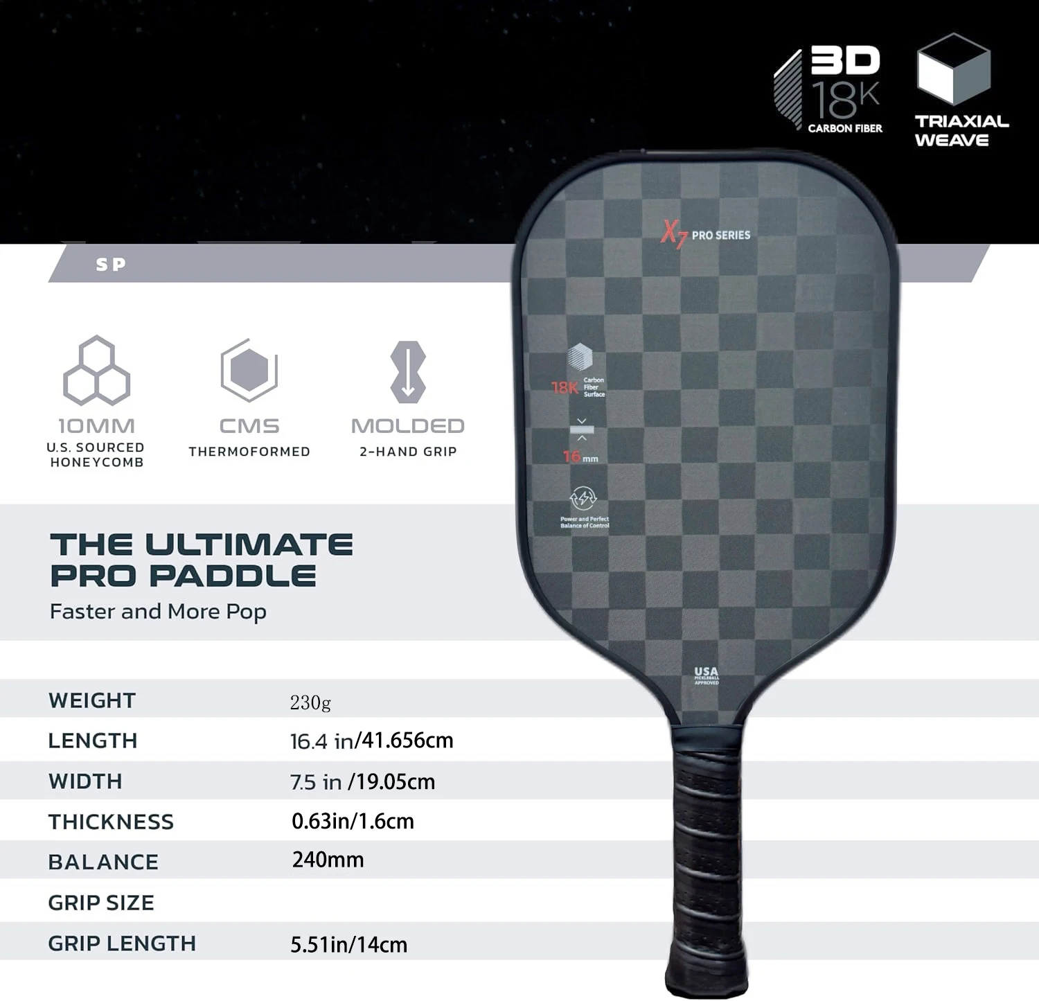 16MM 18K Carbon Fiber Pickleball Paddle – Honeycomb Core Training Racket for Beginners & Professionals | Lightweight & Durable