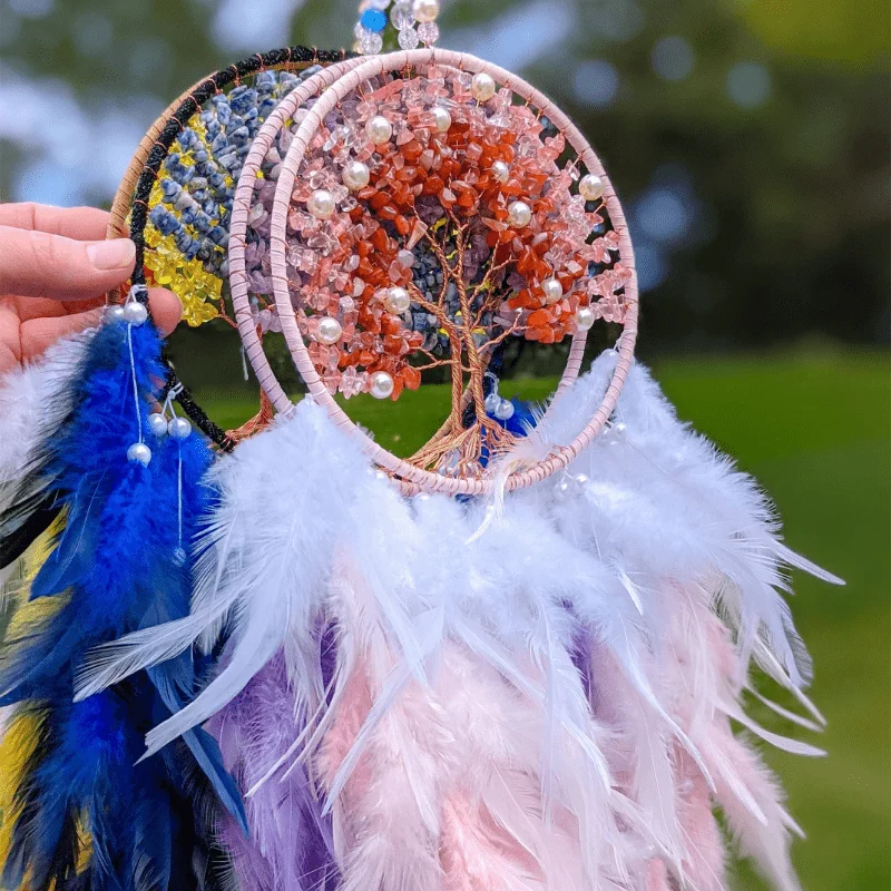 Enchanting Tree of Life Dream Catcher - Stone & Feather Wall Art, Handcrafted  Decor for Bedrooms & Living Rooms,  Chic Ornament