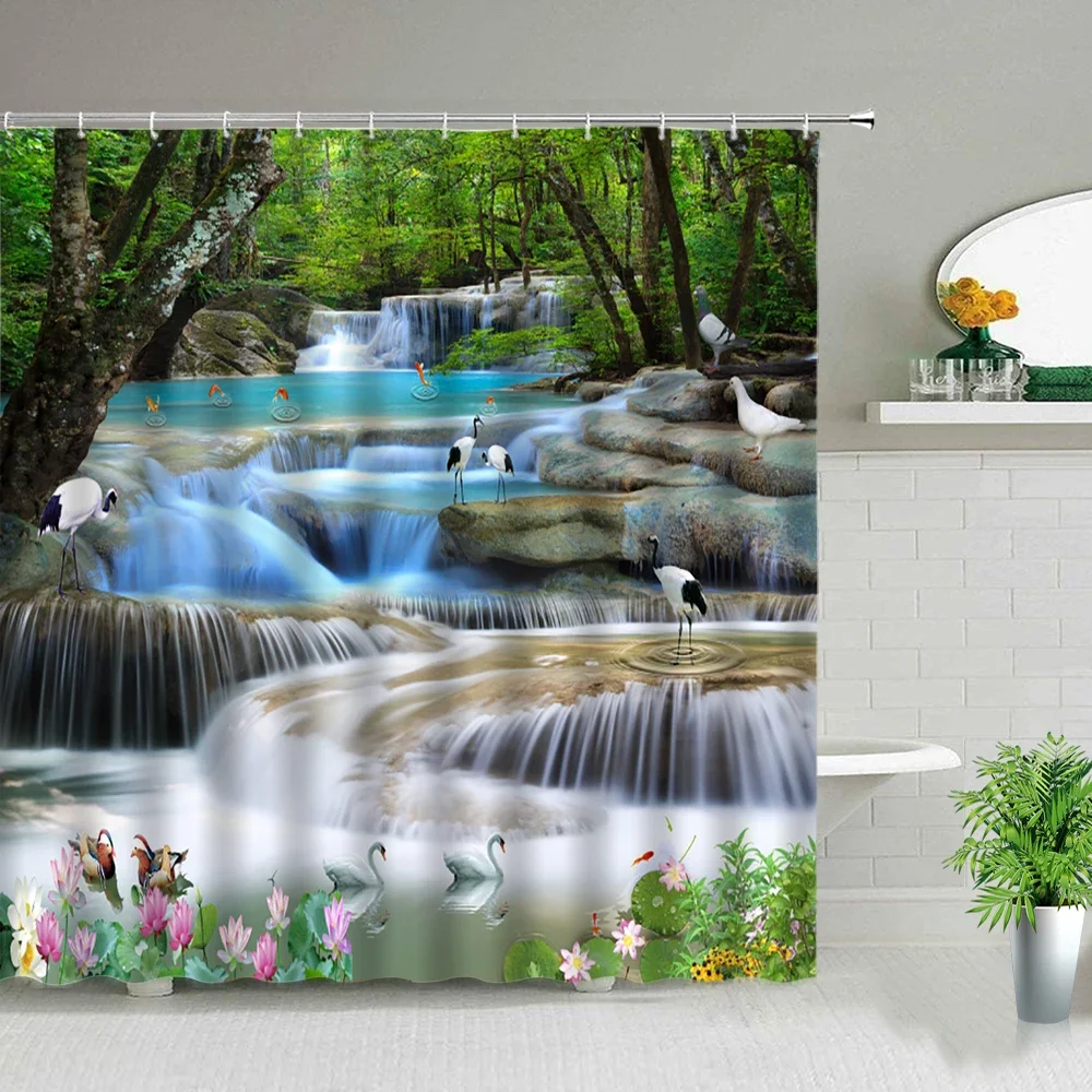 Spring Scenery Winter Landscape Bath Curtains 3d Printing Window Forest Waterfall Shower Curtain Waterproof Cloth Bathroom Decor