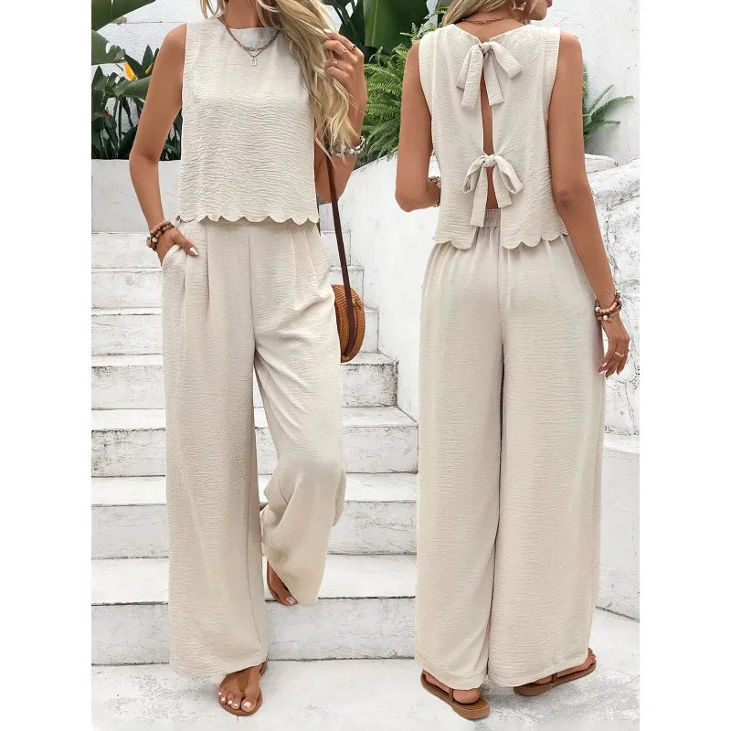 Sleeveless Tank Top Set with Full Length Long Pants High Manganese Acid Wash Commuter Style Sexy Elegant Commuter Set Women