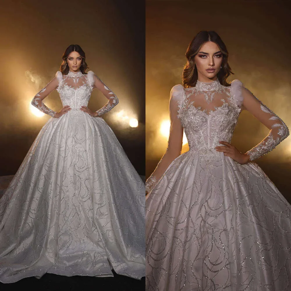 

Великолепное свадебное платье с кружевными аппликациями и кристаллами, с высоким воротником, блестящими аппликациями и длинными рукавами, свадебное платье Vestido De Noiva, индивидуальный пошив