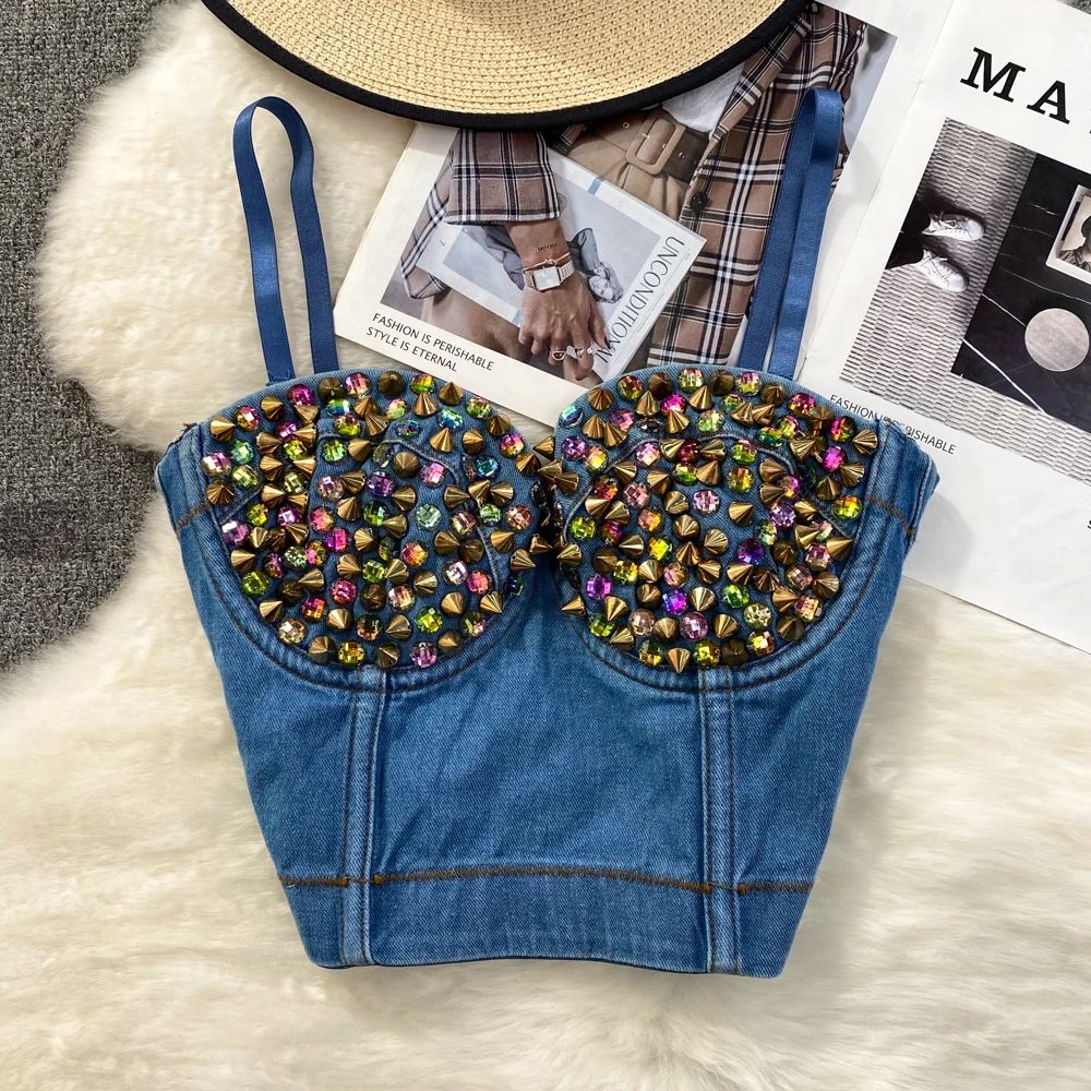 Fashion willow Ding reggiseno senza spalline Denim Vest Shirt donna Sexy Nightclub Dance Cowboy canotta Jeans Cropped Top Ropa Mujer