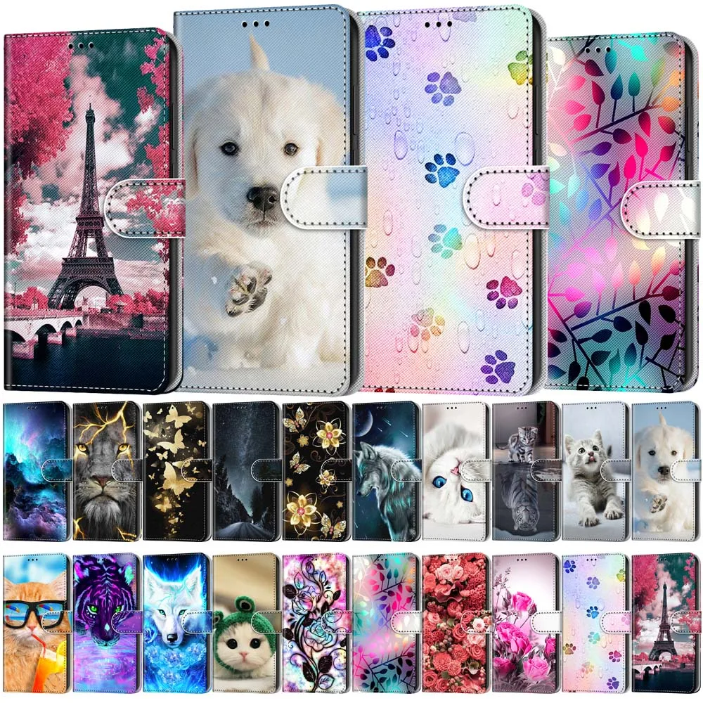 Leather Flip Phone Case For iPhone XR XS X 13 Pro 12 11 10 7 8 SE 2020 SE 2022 Cat Flower Painted Wallet Card Holder Back Cover