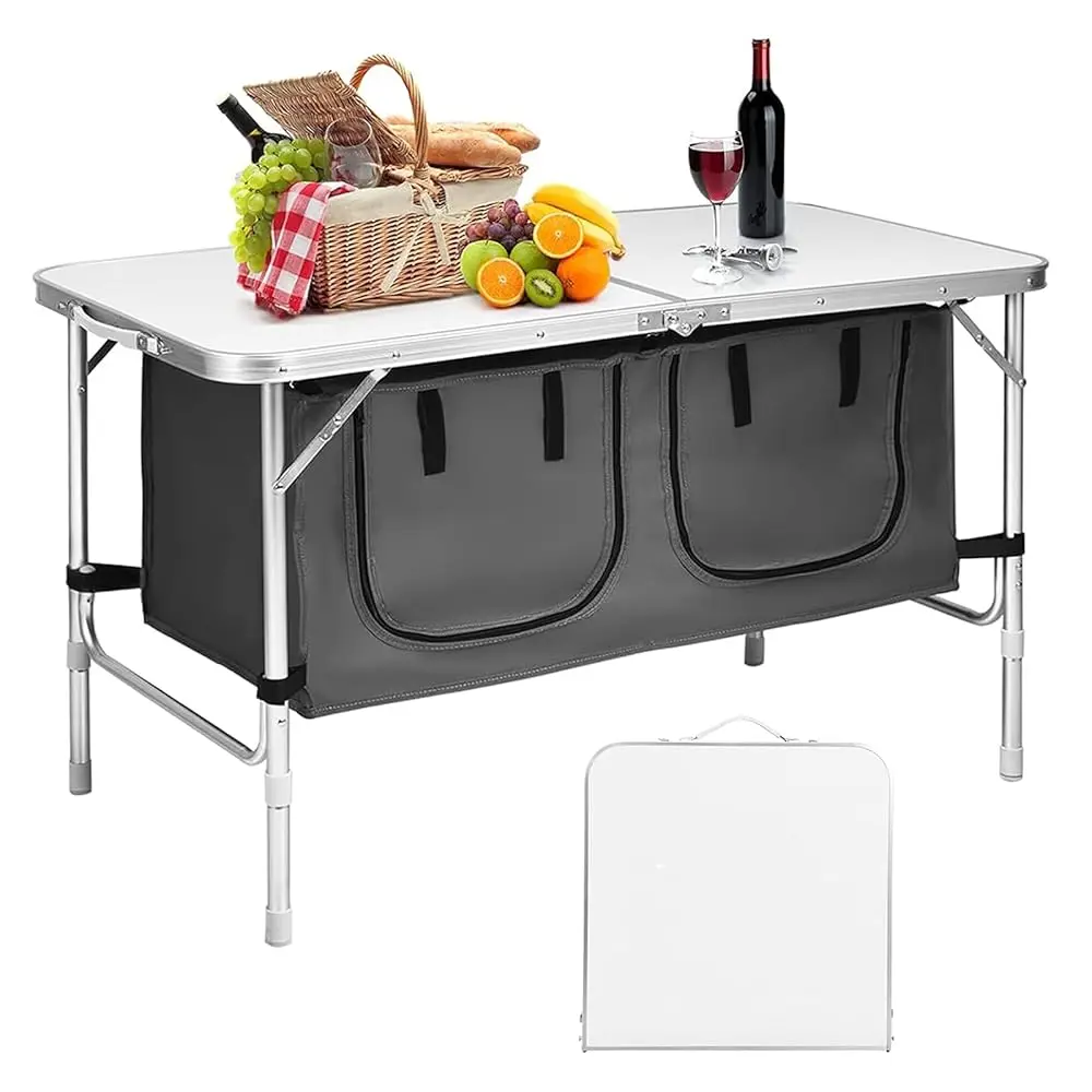 

Folding Camping Table With Storage, Portable Aluminum Folding Table Height Adjustable, Lightweight Camp Kitchen Table For
