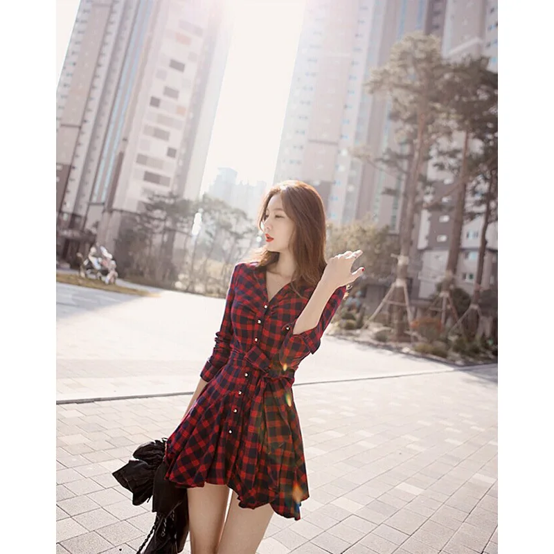 Ladies Autumn Winter Long Sleeve Button Cardigan Drawstring High Waist Red Black Plaid Short Dress