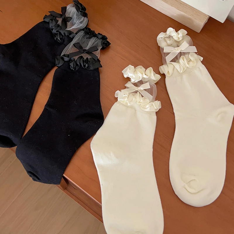 Kave, 1 par de calcetines japoneses bonitos de encaje blanco, calcetines apilables con lazo de verano para mujer, medias transpirables de tubo medio Lolita