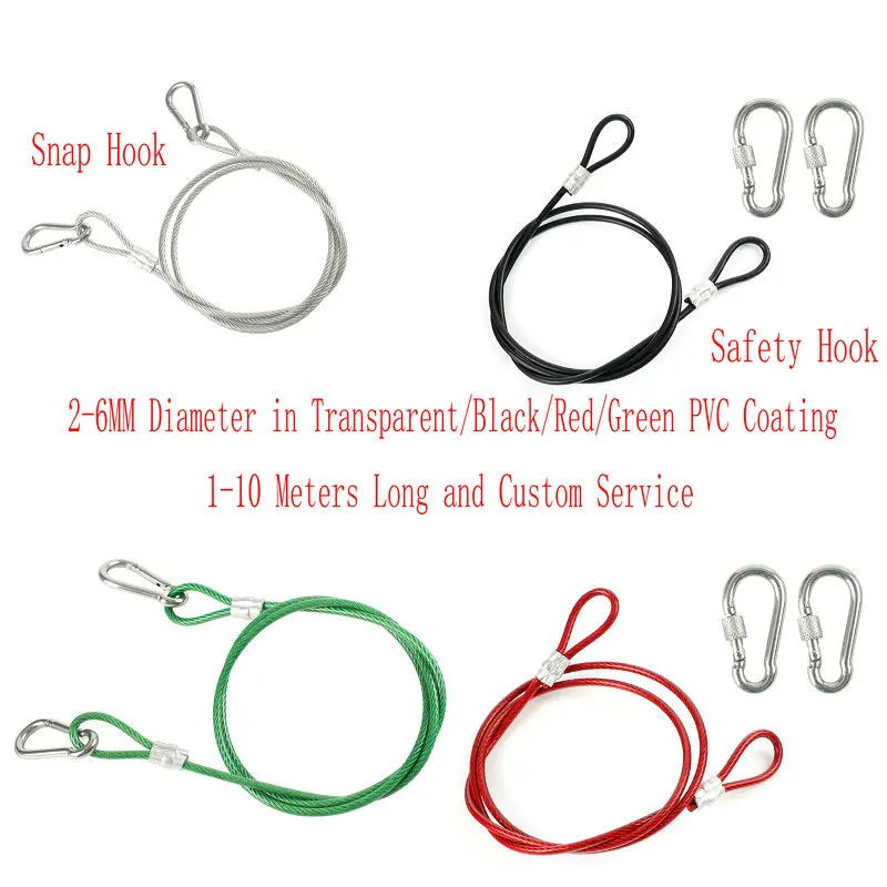 2-6MM Dia 1-10M 4 Colors Stainless Steel Wire Rope Sling Cable Lifting Assemblies with Fastened Eye Loops and Safety Snap Hooks