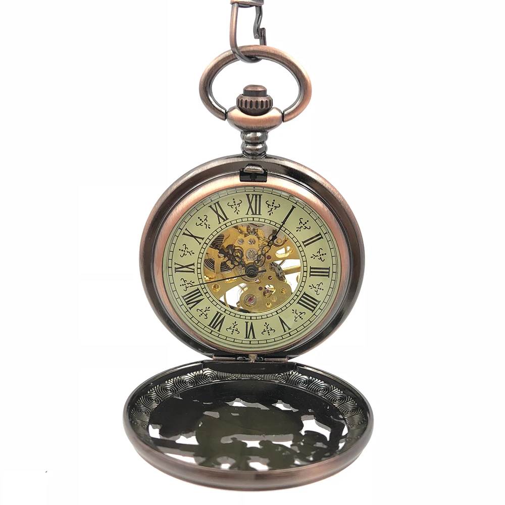 Vintage Style Copper Tone Steampunk Skeleton Deer Case Men's Hand Wind Mechanical Movement Pocket Watch w/ Fob Chain Best Gift