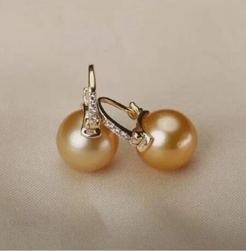 

Gorgeous Huge AAAA11-10mm real natural gold south sea round pearl earrings 925S