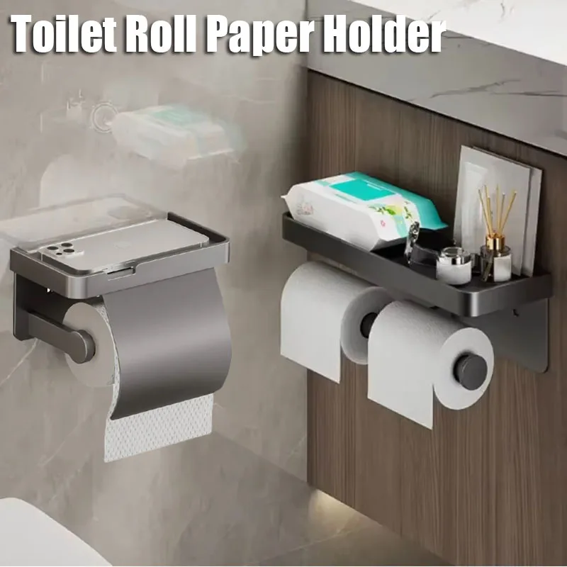 

Wall-Mounted Roll Paper Racks Punch-free Toilet Paper Holder Toilet Papers Storage Phone Stand Tray Organizer Bathroom Accessory