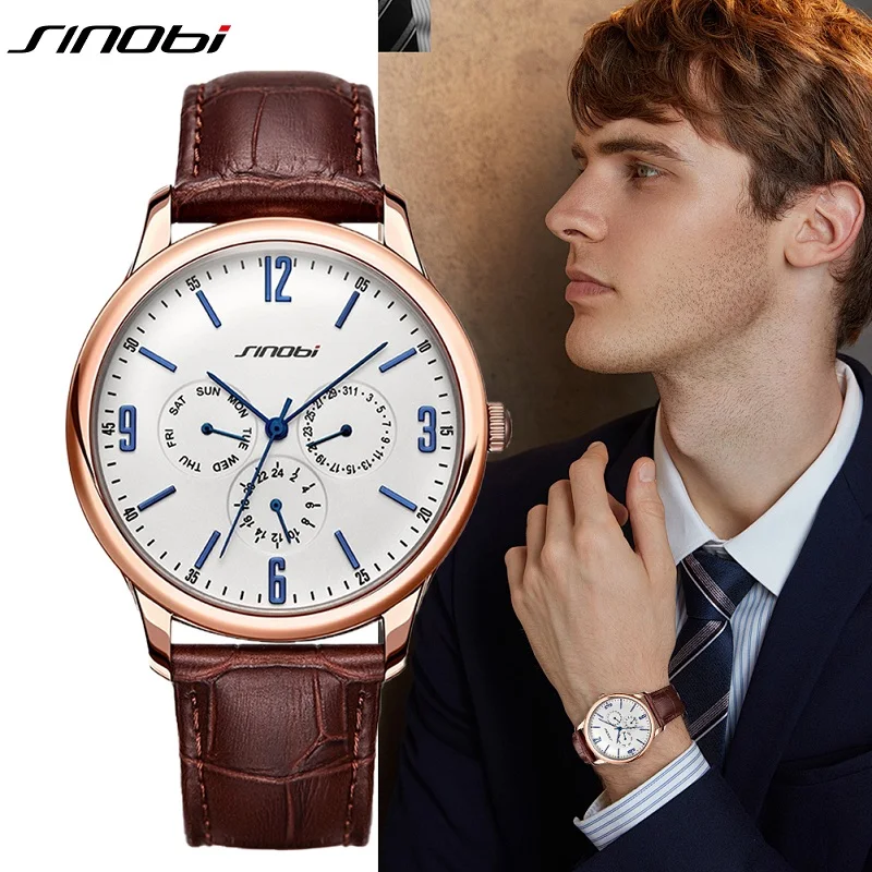 SINOBI Men\'s Wristwatches Calendar Week Date Functions Leather Strap Business Males Geneva Quartz Clock gifts Relogio Masculino