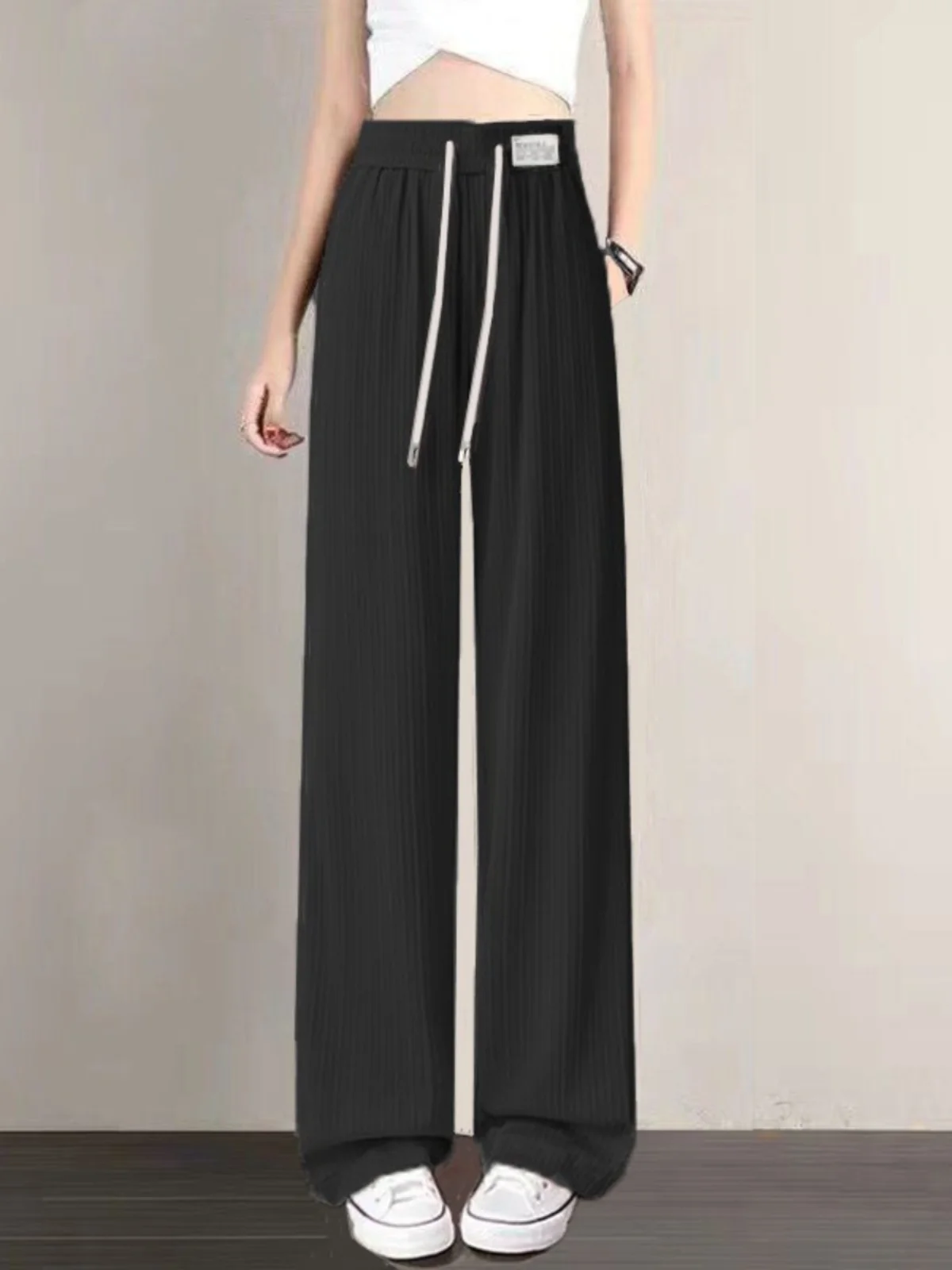 Slimming Ice Silk Casual Pants Women's een High Waist Loose Wide Leg Straight Cut Small Size Thinming Commute Sle Trousers