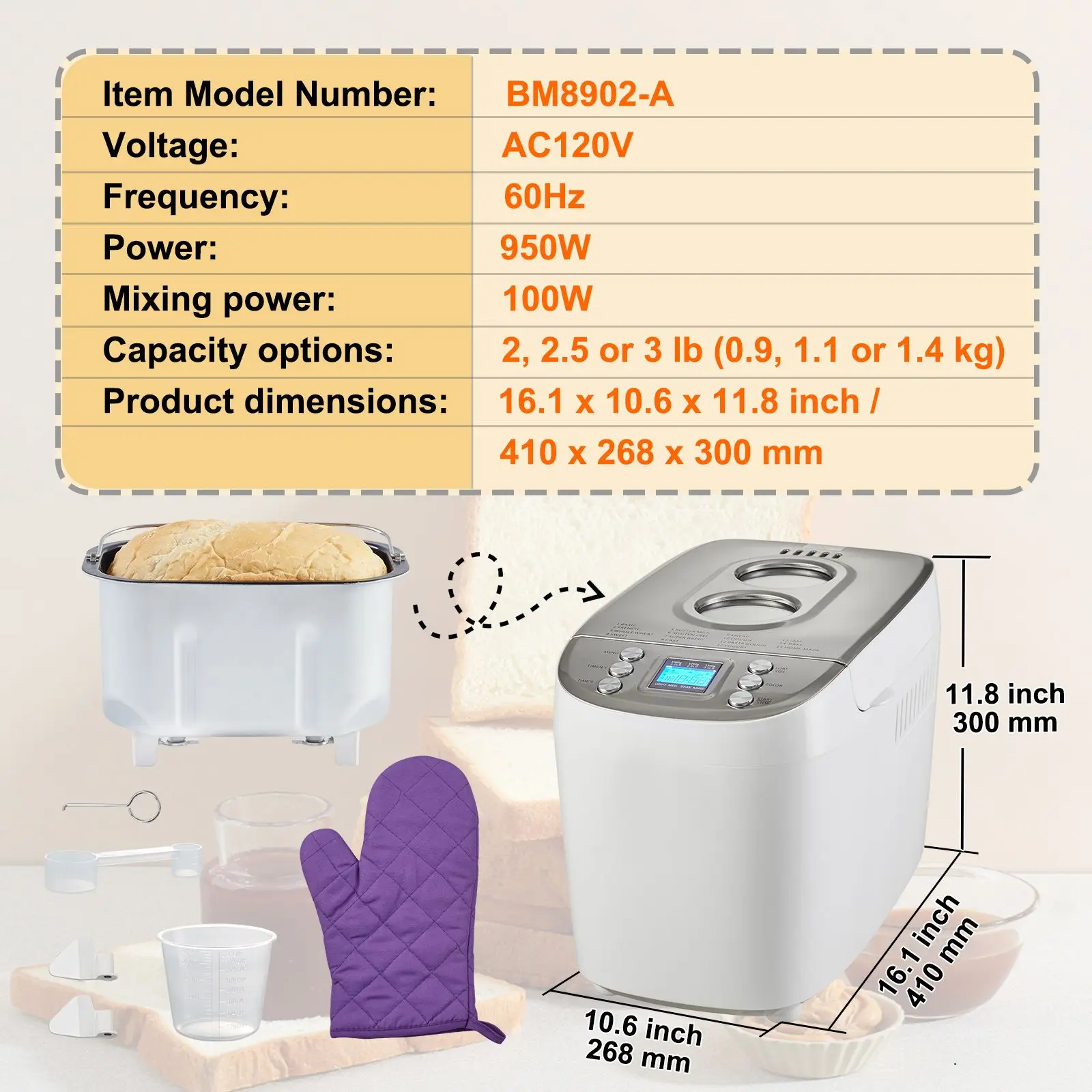 Bread Maker, 15-in-1 3LB Dough Machine, Nonstick Ceramic Pan Automatic Breadmaker with Gluten Free Setting, Whole Wheat Bread Making, Digital, Programmable, 3 Loaf Sizes, 3 Crust Colors, White
