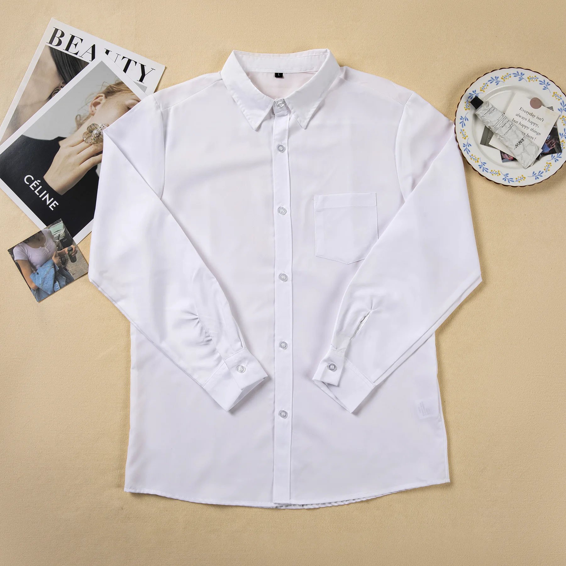 Men Japanese College Style DK Uniform Shirt, Loose White Short Sleeve Pointed Neck Top, Plus Size For Class & Work Wear