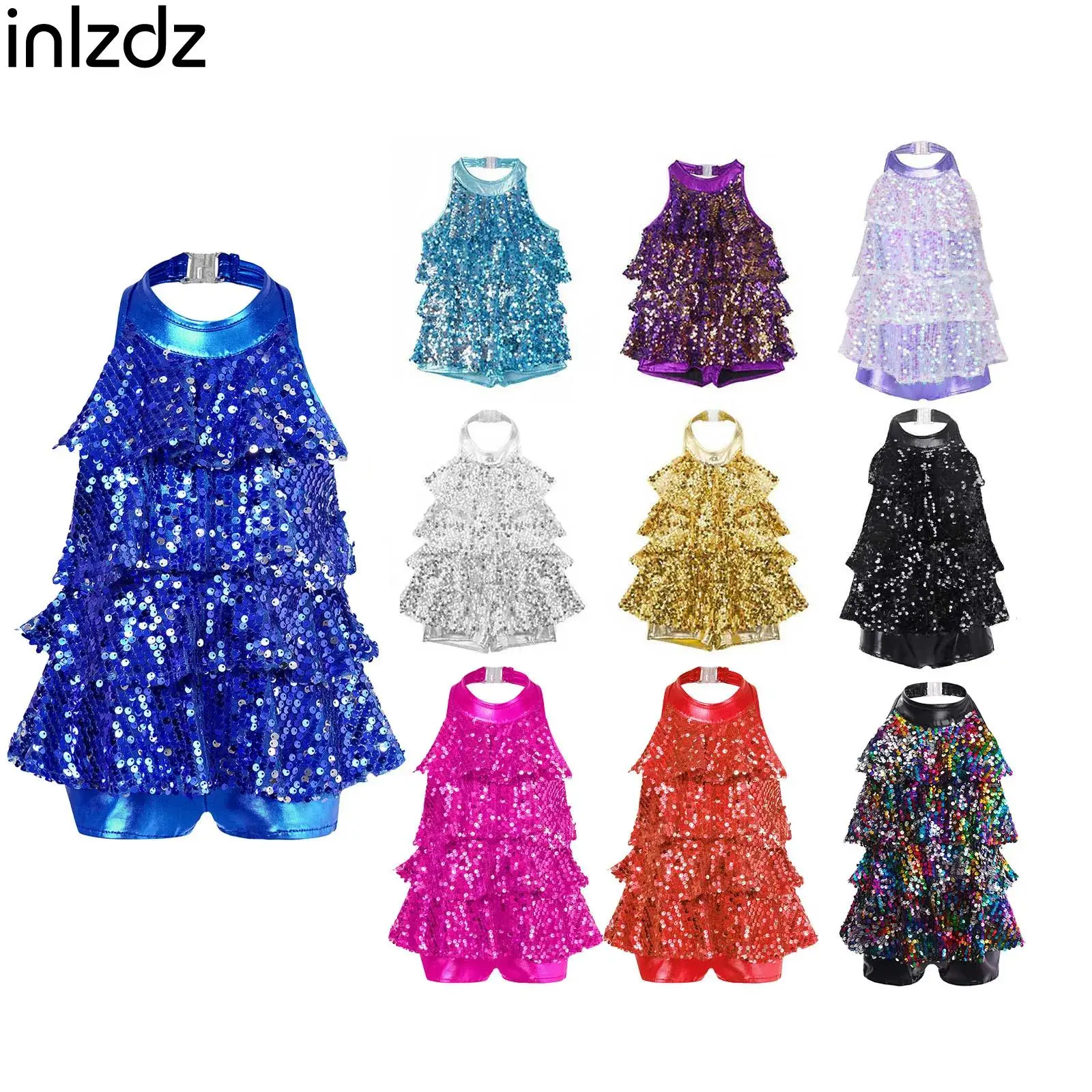 

Kids Girls Halter Shiny Sequins Ballet Dance Shorty Unitard Dress Modern Jazz Latin Samba Rumba Chacha Dance Performance Clothes