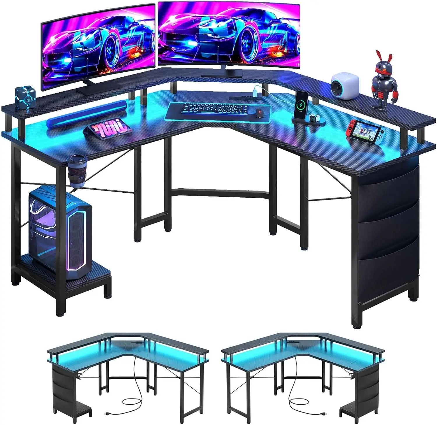 

L Shaped Gaming Desk with LED Lights & Power Outlets, 51"Computer Desk with Monitor Stand & Cup Holder,Corner Desk with Side Bag