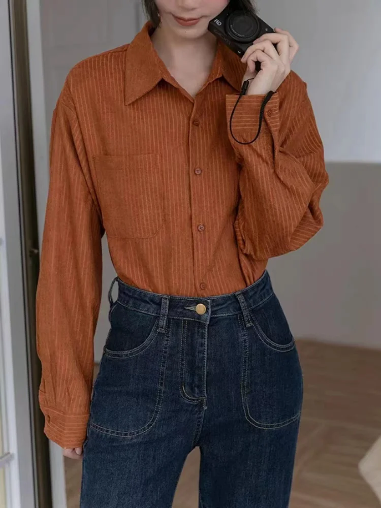 Autumn Blue Blouse Women Shirts Button Up Long Sleeve Stripe Loose Casual Tops Japanese Style Clothing Elegant Female Clothes