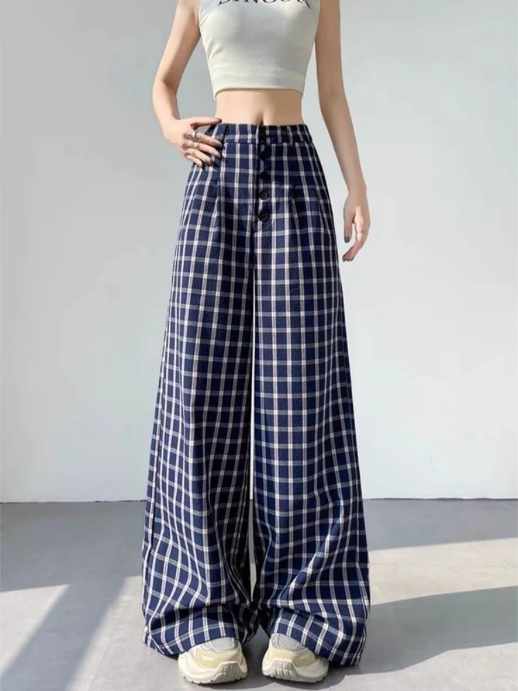 Summer new casual retro checkered casual pants Korean version fashionable high waist slimming versatile straight leg pants