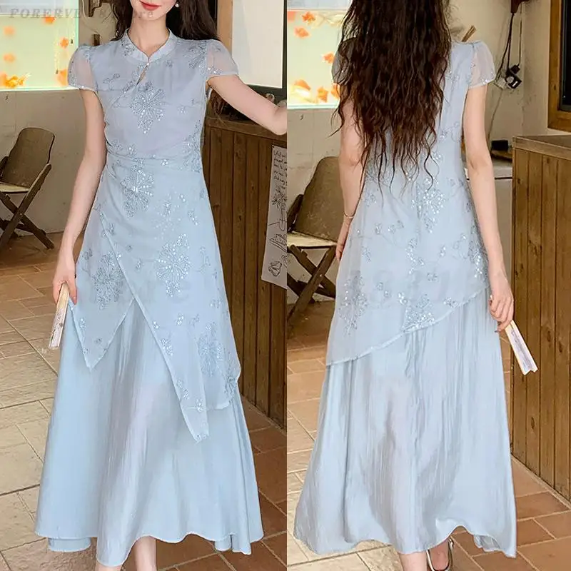 

New Chinese Style Improved Cheongsam Summer Short Sleeved Traditional Dress Lady Elegant Irregular Qipao Artistic Retro Dresses