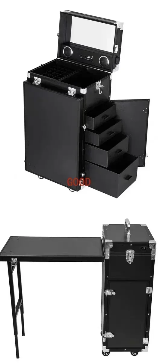 TAO Black Cosmetic Workstation Folding Rolling Portable Case Nail Tech Tables Manicure