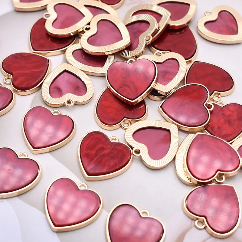 6pcs Red Metal Alloy Gold Color Acrylic Heart Charms Pendants For Jewelry Making Findings DIY Necklace  Earrings