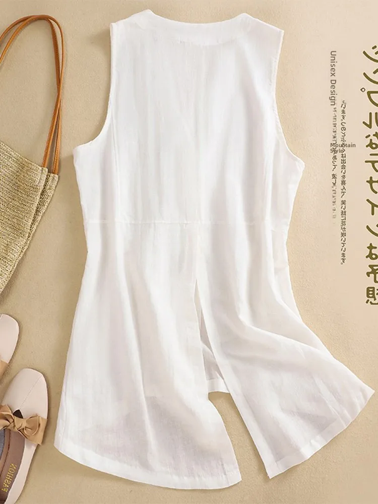 カジュアル Vネック レディース リネン タンクトップ コットンリネン ベスト ジャケット 通勤 スタイリッシュ ボタンディテール ミドル丈 片面ボタン