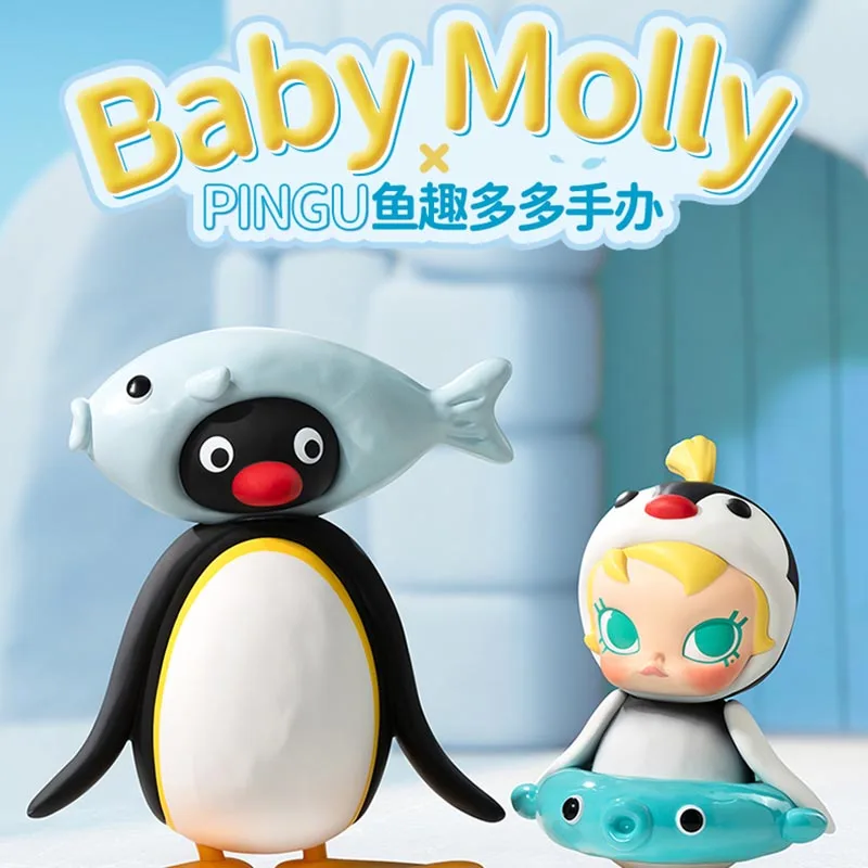 Official Genuine Pop Mart Baby Molly X Pingu Fish Fun Collection Toys Anime Action Figure Guess Bag Ornament Figurines Xmas Gift