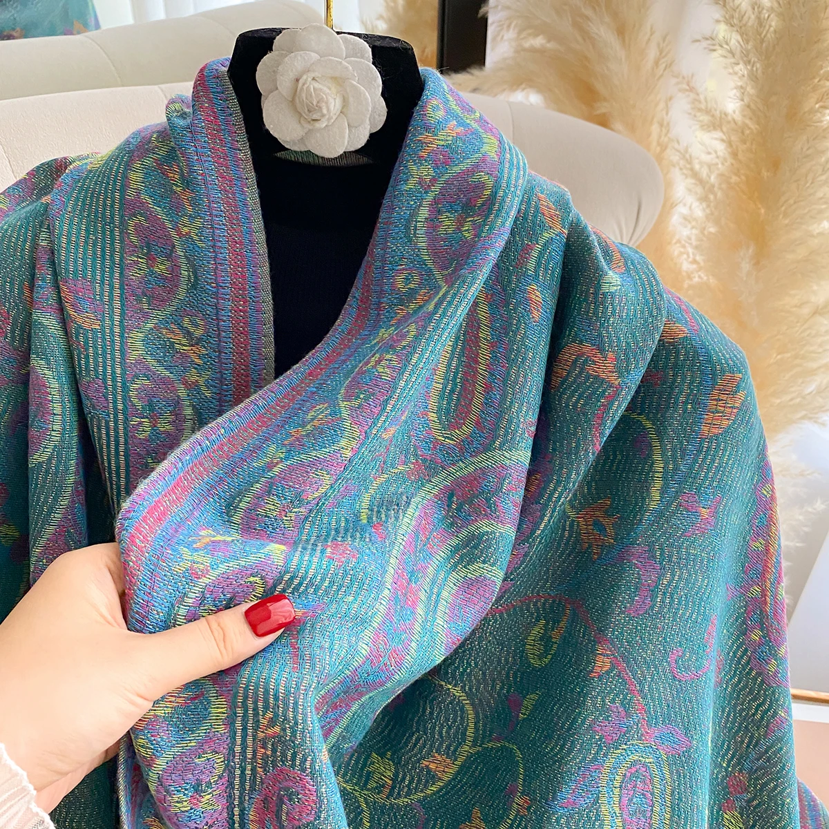 Neue Mode Damen Faux Kaschmir Winter Wrap Vintage Print Quasten Dicke Warme Pashmina Zweiseitiger Schal Outdoor Schals Foulard – Detail 11