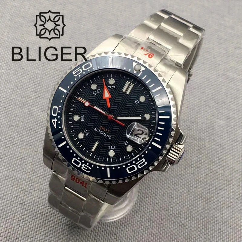 BLIGER 43mm GMT Watch For Men NH34A DG3804 Automatic Self Winding Movement Blue Wave Dial Sapphire Glass Steel Strap Date