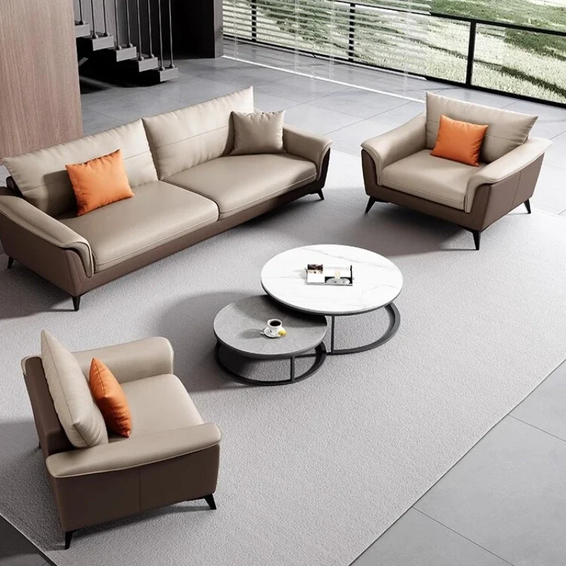 Office sofa leather boss business reception hall front desk meeting guests three-person coffee table combination