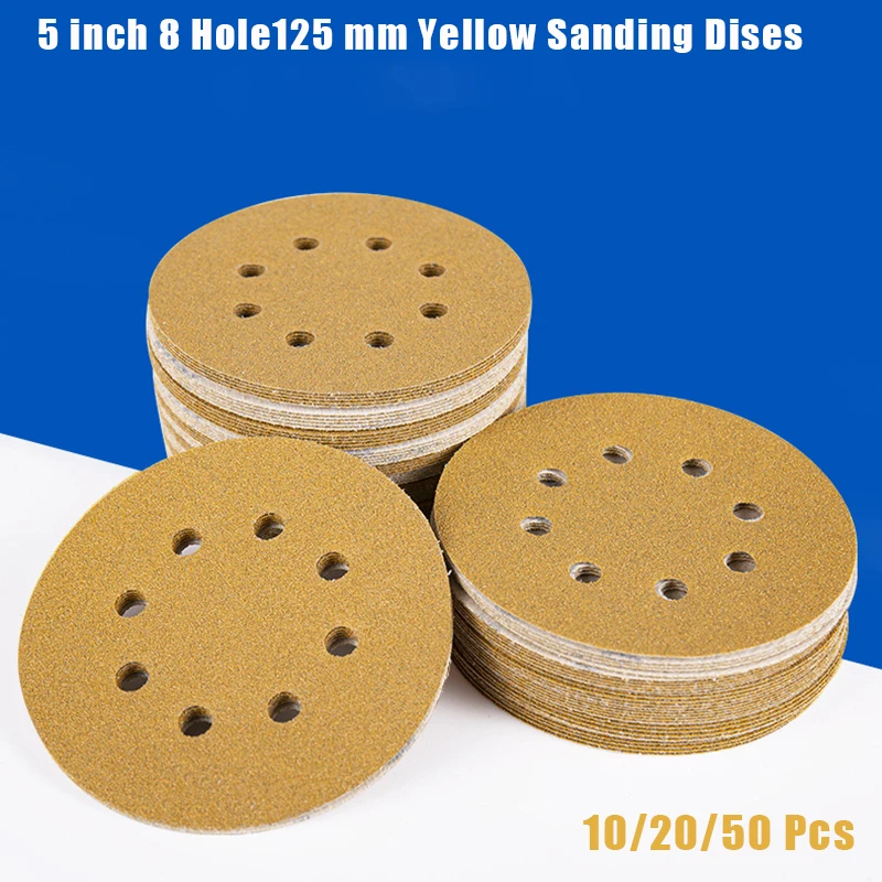 

125 мм 5 дюймов 8 отверстий желтая наждачная бумага, шлифовальная машина для дисков, шлифовальный станок для автомобиля, деревообработка, шлифовальный диск по металлу, абразивный инструмент для полировки