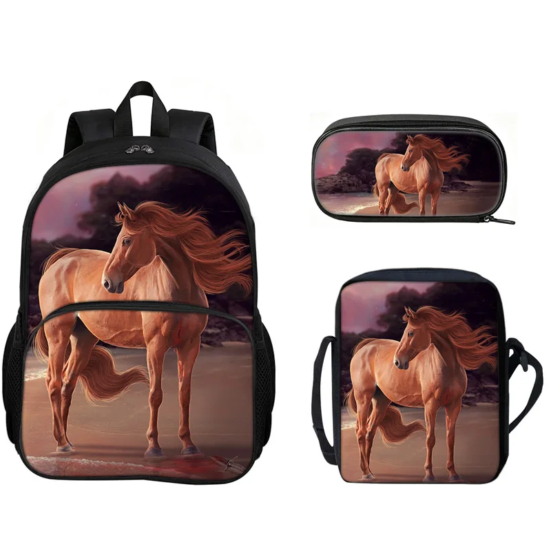 Horse 3Pcs Set with Front Pocket Backpack School Bag with Shoulder Bag Pencil Case Lightweight Large Capacity Multi-function