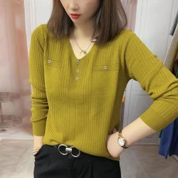 Temperament Fashion Autumn Sweaters New Women's V-Neck Solid Button Patchwork Korean Long Sleeve Loose Pullovers Knitted Tops