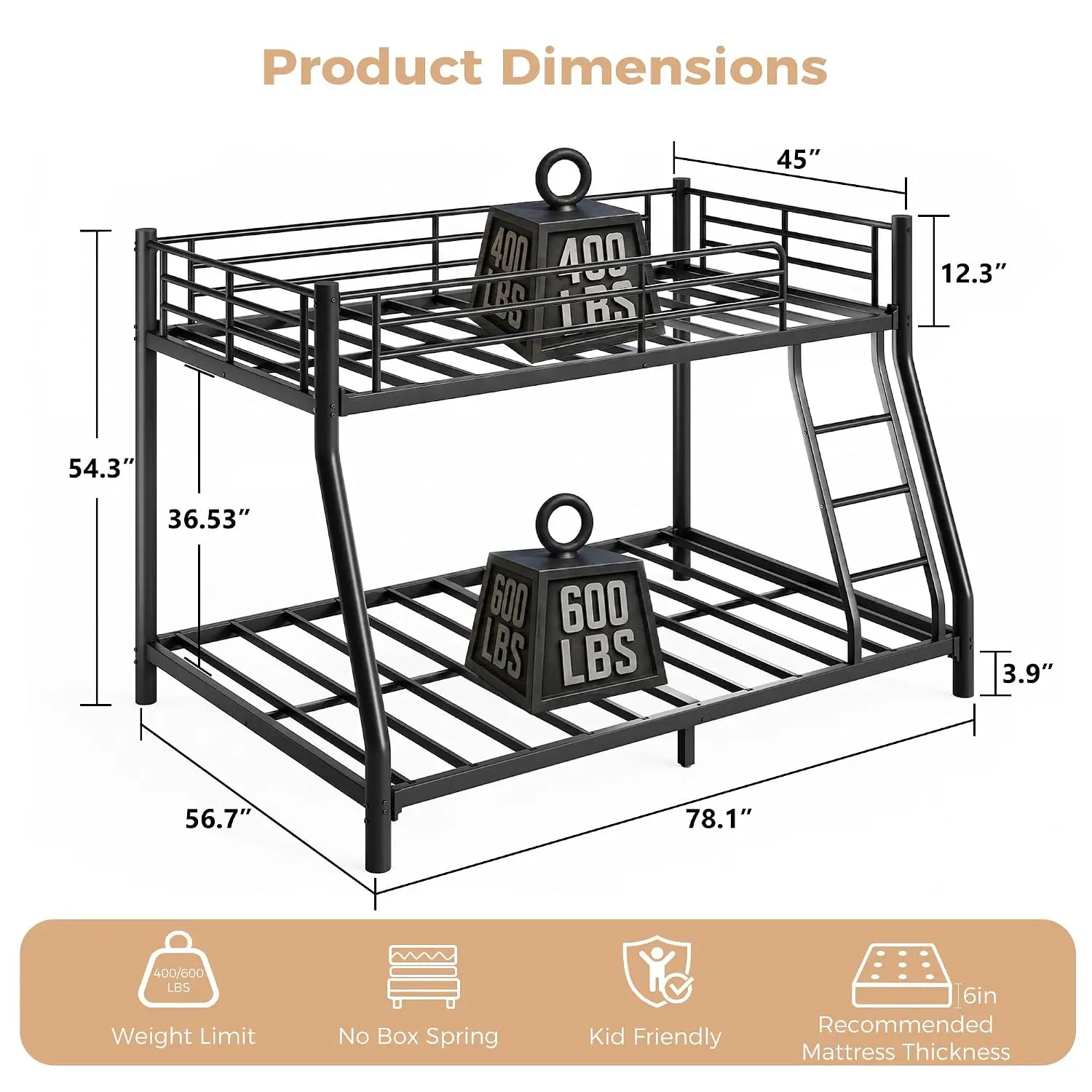 Twin Over Full Bunk Bed For Kids/Teens/Adults,No Box Spring(Black), Customized