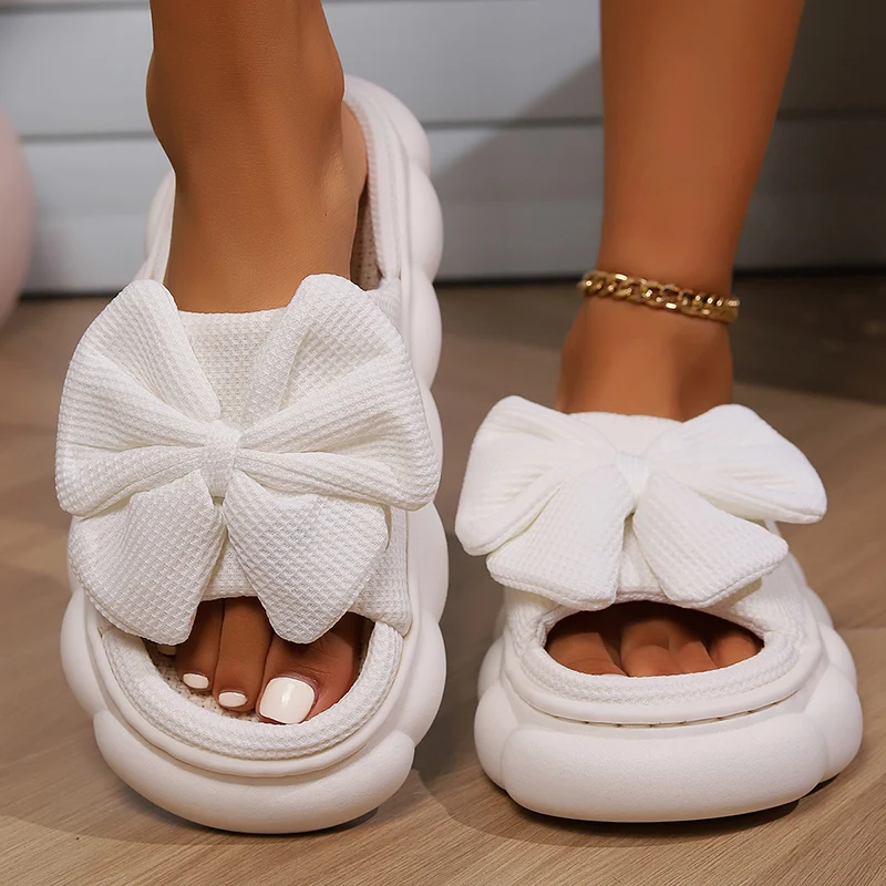 

Fashion White Bowknot Home Slippers for Women Open Toe Thick Soft Sole Platform Shoes Woman Comfort Indoor House Linen Slippers